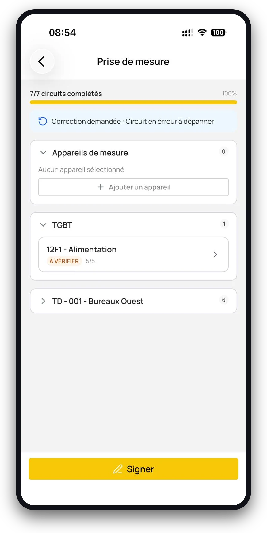 Application mobile : écran de mesure avec circuits et validation