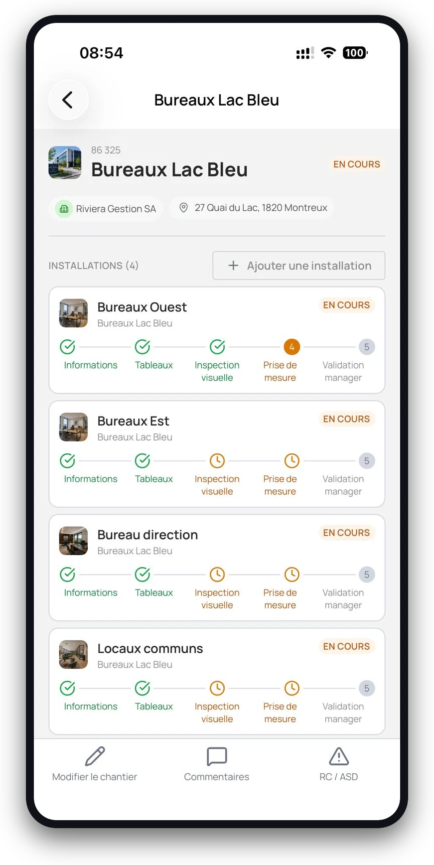 Application mobile : un site avec ses installations et le flux d'inspection étape par étape