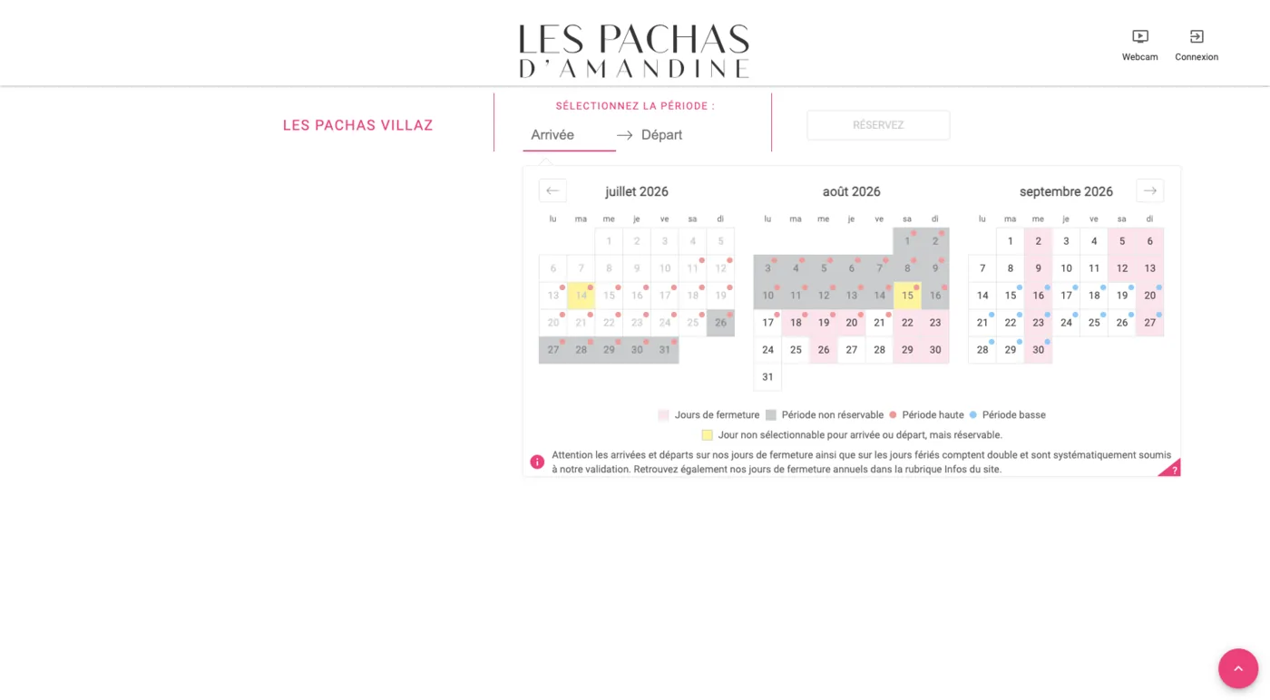 Calendrier de réservation avec haute et basse saison, jours de fermeture et jours non réservables