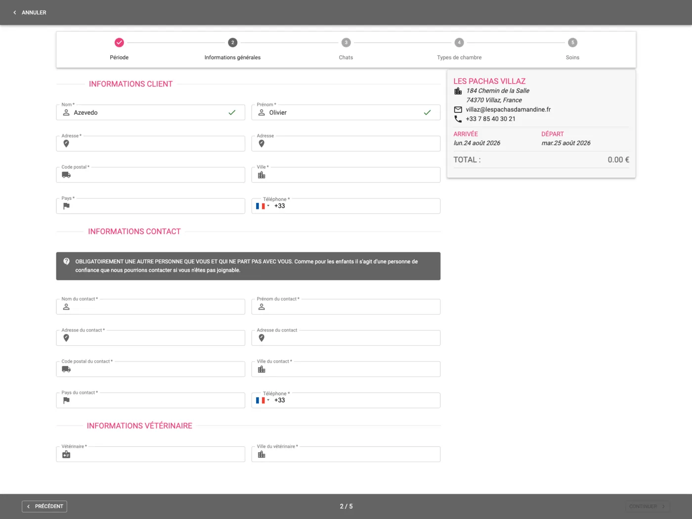 Wizard de réservation public : informations du client, personne de confiance obligatoire et vétérinaire